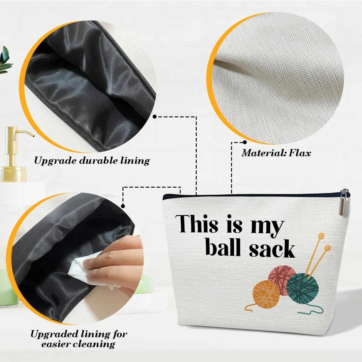 Crochet Makeup Bag for Women, Knitting Gifts for Crochet Lovers Knitters, This is My Ball Sack Cosmetic Bag for Purse, Handmade Gifts