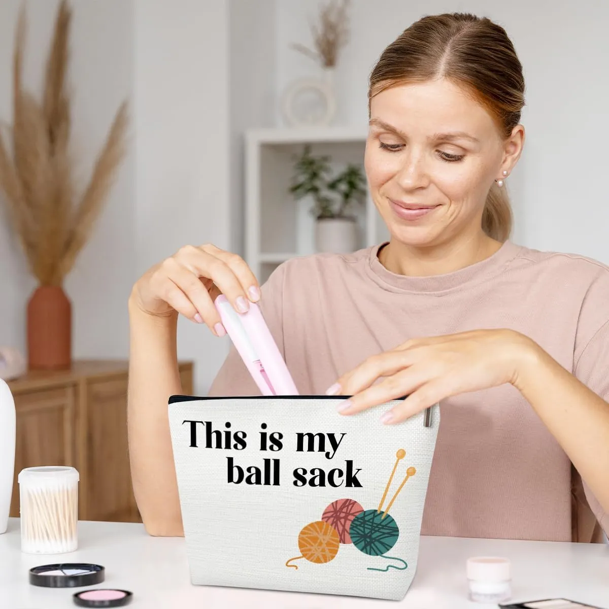 Crochet Makeup Bag for Women, Knitting Gifts for Crochet Lovers Knitters, This is My Ball Sack Cosmetic Bag for Purse, Handmade Gifts