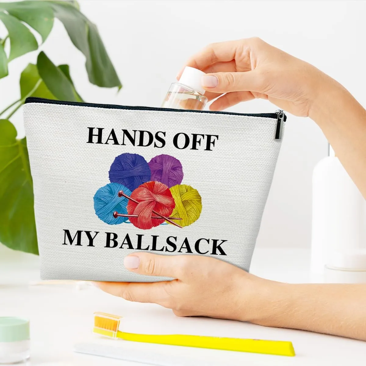Crocheting Makeup Bag, Gifts for Lovers Crocheters Knitters, Knitting Gifts for Women, Hands Off My Ball Sack Cosmetic Bag for Purse