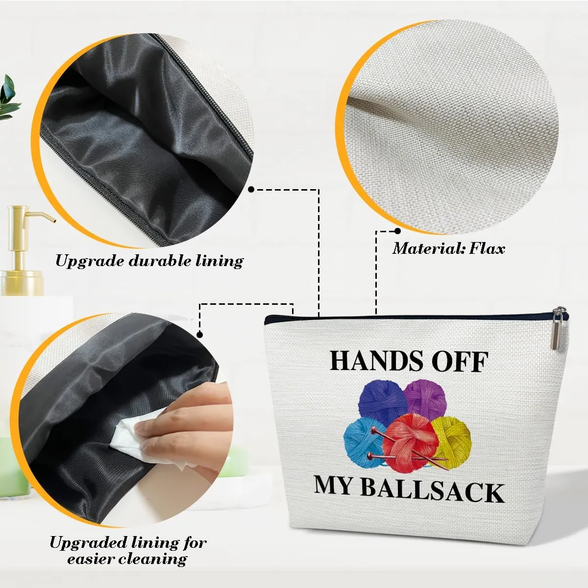 Crocheting Makeup Bag, Gifts for Lovers Crocheters Knitters, Knitting Gifts for Women, Hands Off My Ball Sack Cosmetic Bag for Purse