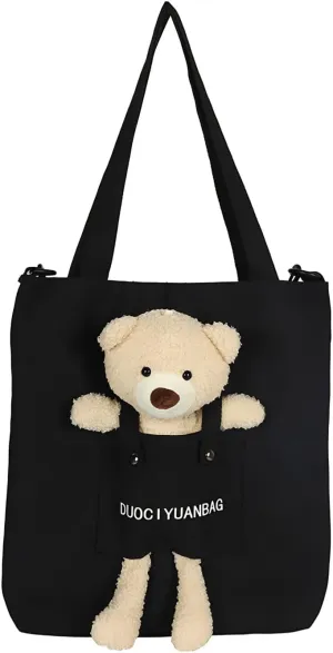Cute Bear Doll Canvas Shoulder Bag Fit Laptop & Essentials Daily Use Easy to Carry (black)