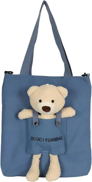 Cute Bear Doll Canvas Shoulder Bag Fit Laptop & Essentials Daily Use Easy to Carry (blue)