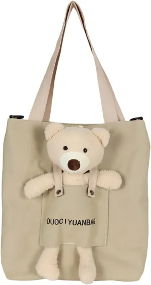 Cute Bear Doll Canvas Shoulder Bag Fit Laptop & Essentials Daily Use Easy to Carry (khaki)