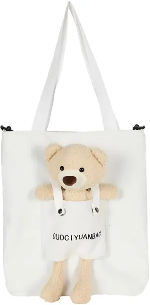 Cute Bear Doll Canvas Shoulder Bag Fit Laptop & Essentials Daily Use Easy to Carry (white)