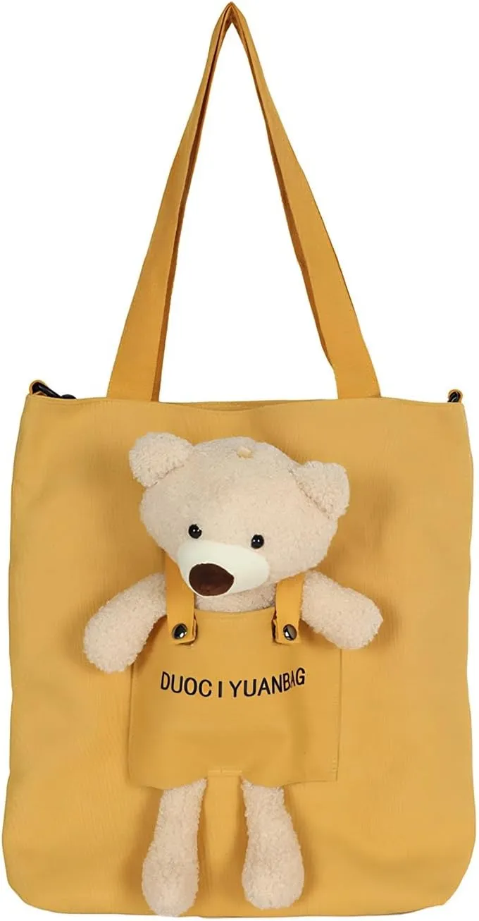 Cute Bear Doll Canvas Shoulder Bag Fit Laptop & Essentials Daily Use Easy to Carry (yellow)