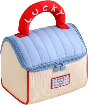 Cute Pet House-Shaped Makeup Bag Portable Travel Makeup Organizer with Side Pockets & Double Zippers Lucky Embroidery Cosmetic Storage Toiletry Bag for Women Girls (Blue)