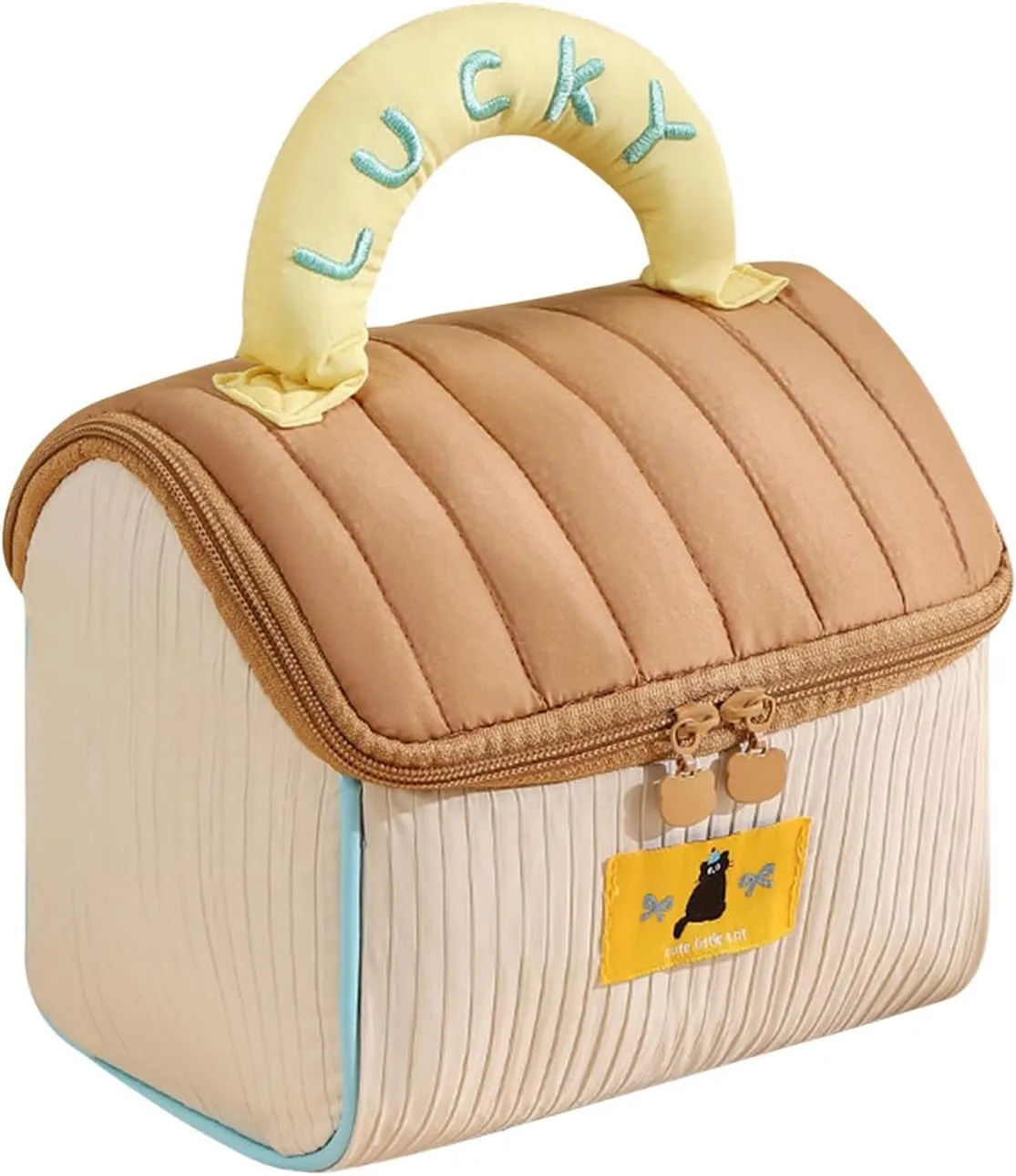 Cute Pet House-Shaped Makeup Bag Portable Travel Makeup Organizer with Side Pockets & Double Zippers Lucky Embroidery Cosmetic Storage Toiletry Bag for Women Girls (Brown)