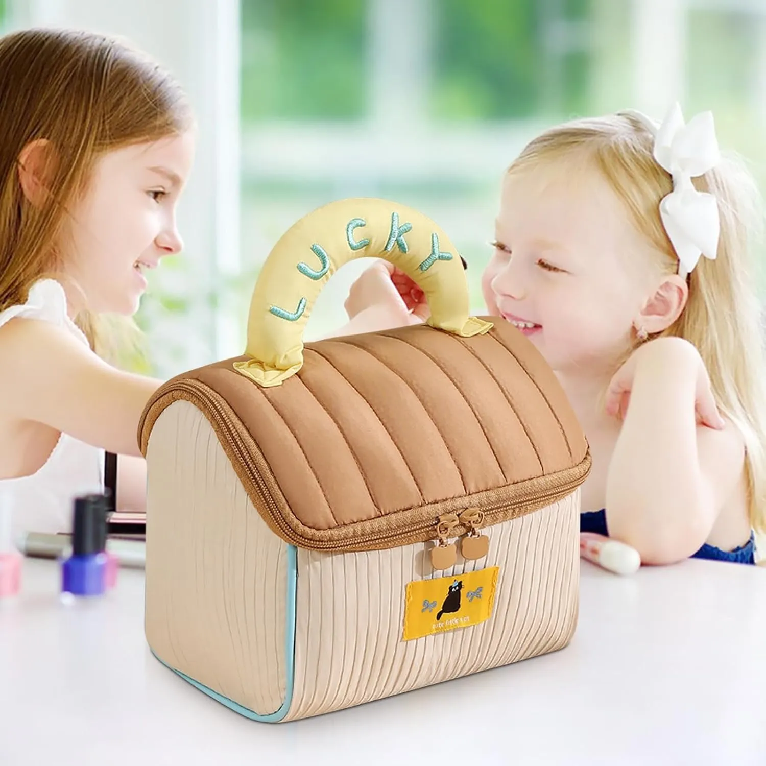 Cute Pet House-Shaped Makeup Bag Portable Travel Makeup Organizer with Side Pockets & Double Zippers Lucky Embroidery Cosmetic Storage Toiletry Bag for Women Girls (Brown)