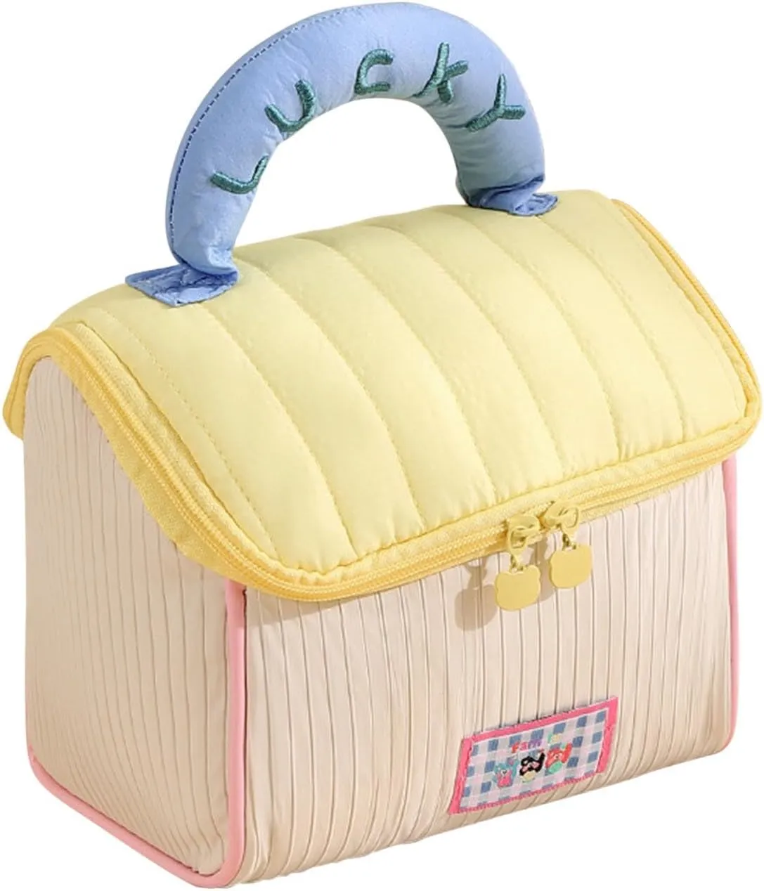 Cute Pet House-Shaped Makeup Bag Portable Travel Makeup Organizer with Side Pockets & Double Zippers Lucky Embroidery Cosmetic Storage Toiletry Bag for Women Girls (Yellow)