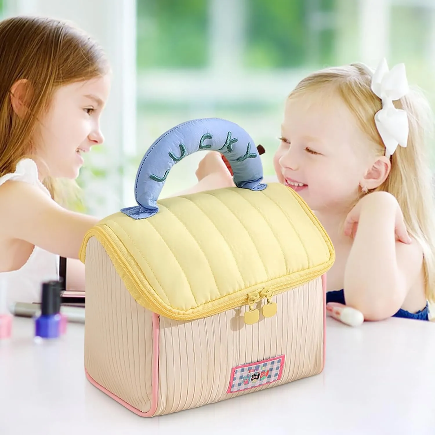 Cute Pet House-Shaped Makeup Bag Portable Travel Makeup Organizer with Side Pockets & Double Zippers Lucky Embroidery Cosmetic Storage Toiletry Bag for Women Girls (Yellow)