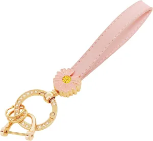 Daisy Leather Keychains Wristlet for Women Floral Keyrings Chain Car Key Cute Bag Wallet Backpack Accessories Gifts