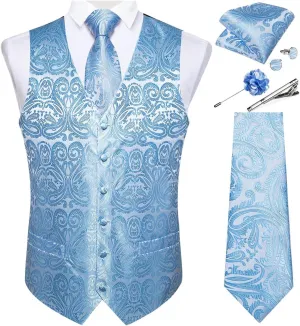 DiBanGu Mens Vest and Tie Set Formal Paisley Waistcoat and Necktie Pocket Square Cufflinks Silk Suit Vest for Tuxedo Wedding