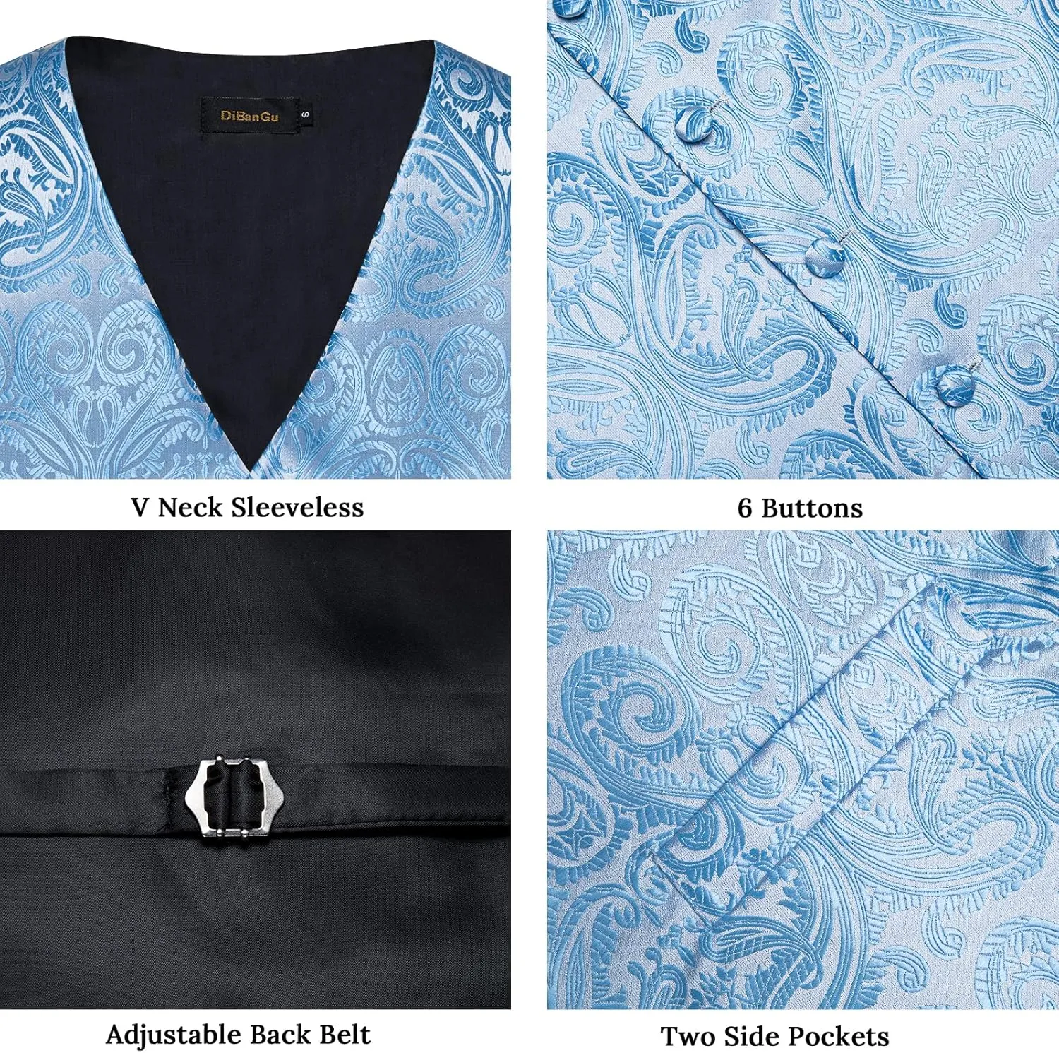 DiBanGu Mens Vest and Tie Set Formal Paisley Waistcoat and Necktie Pocket Square Cufflinks Silk Suit Vest for Tuxedo Wedding