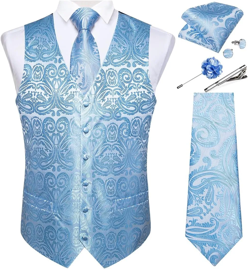 DiBanGu Mens Vest and Tie Set Formal Paisley Waistcoat and Necktie Pocket Square Cufflinks Silk Suit Vest for Tuxedo Wedding