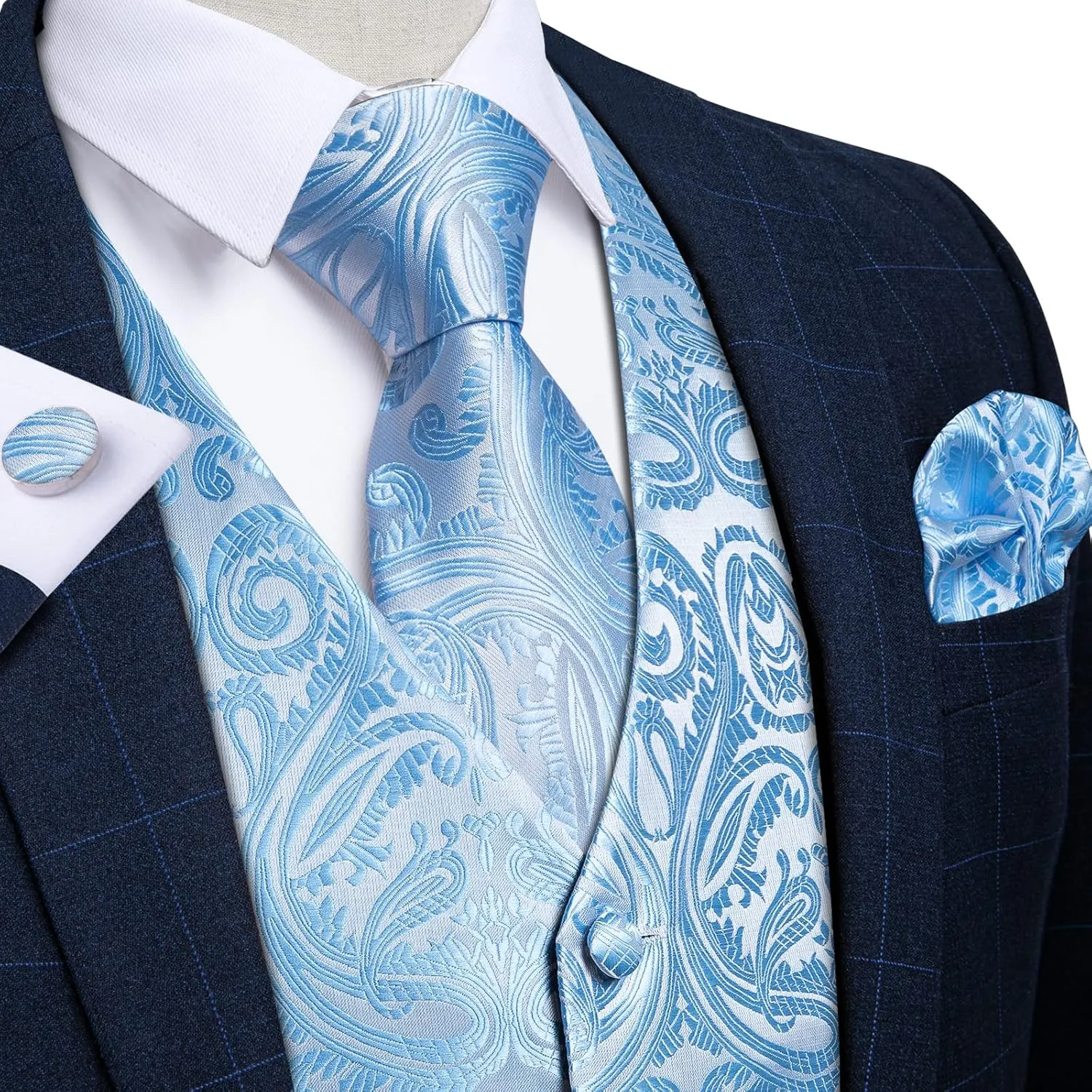 DiBanGu Mens Vest and Tie Set Formal Paisley Waistcoat and Necktie Pocket Square Cufflinks Silk Suit Vest for Tuxedo Wedding