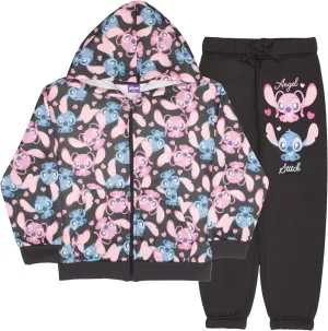 Disney Lilo & Stitch Girl's 2-Piece Fleece Set - Stitch Hooded Sweatshirt and Joggers Bundle for Kids