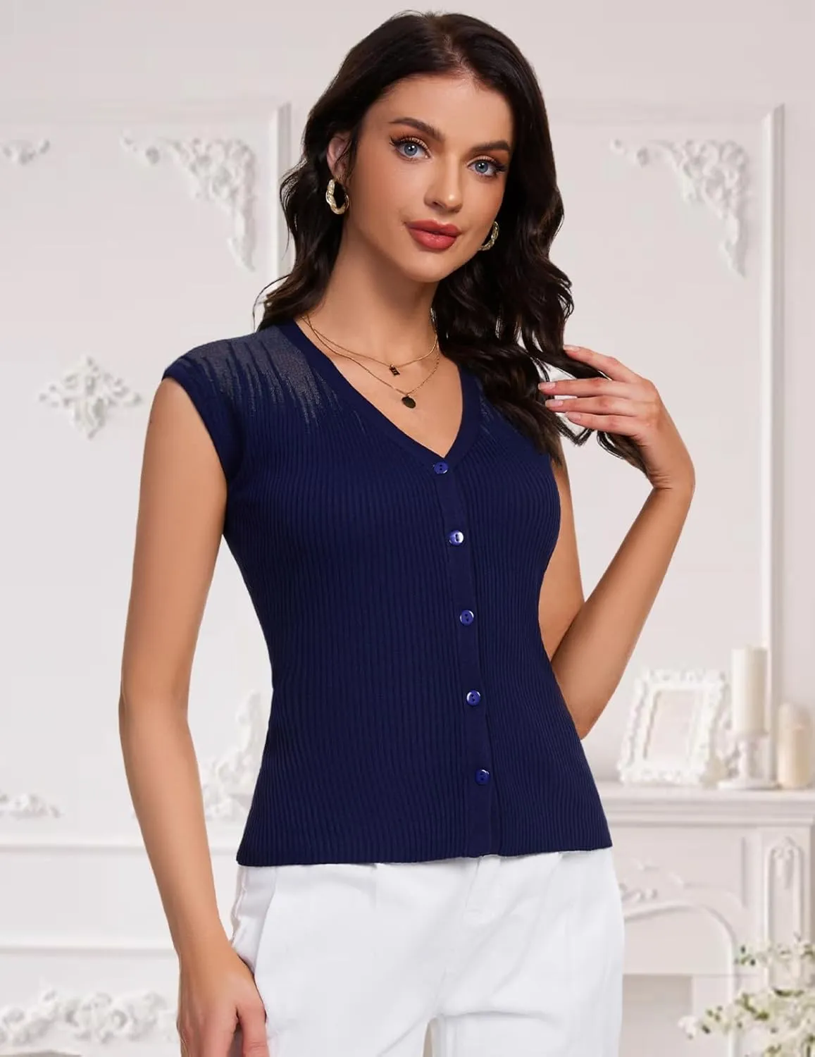 DRESSTELLS Summer Vest Tops for Women 2025 Sweater Vests Button Up Tank Top Y2K Caual Business Knit Shirts