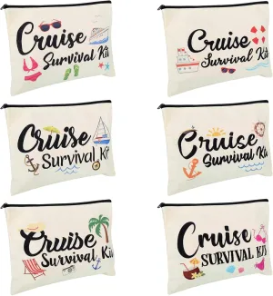 Dripykiaa 6Pcs Cruise Survival Kit Makeup Bag Canvas Fun Travel Cosmetic Bag Accessories Portable Organizer Zipper Pouch for Trip Gifts for Girls Women Kids