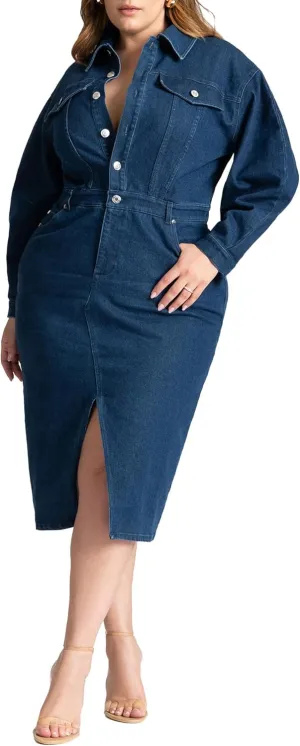 ELOQUII Women's Plus Size Oversized Denim Midi Dress