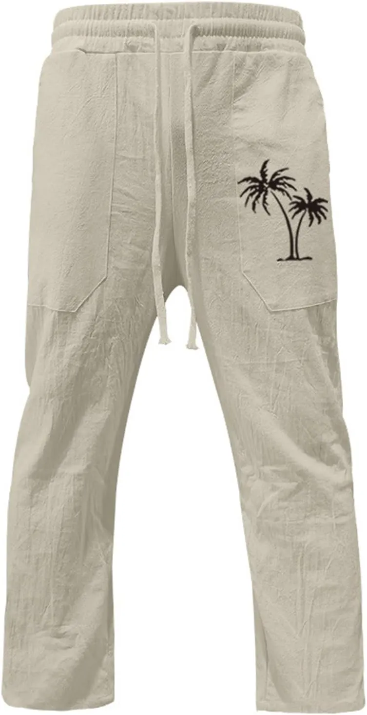 evzosrz Mens Cotton Linen Pants Casual Straight Trendy Print Baggy Sweatpants Loose Fit High Waist Summer Beach Jogger Slacks