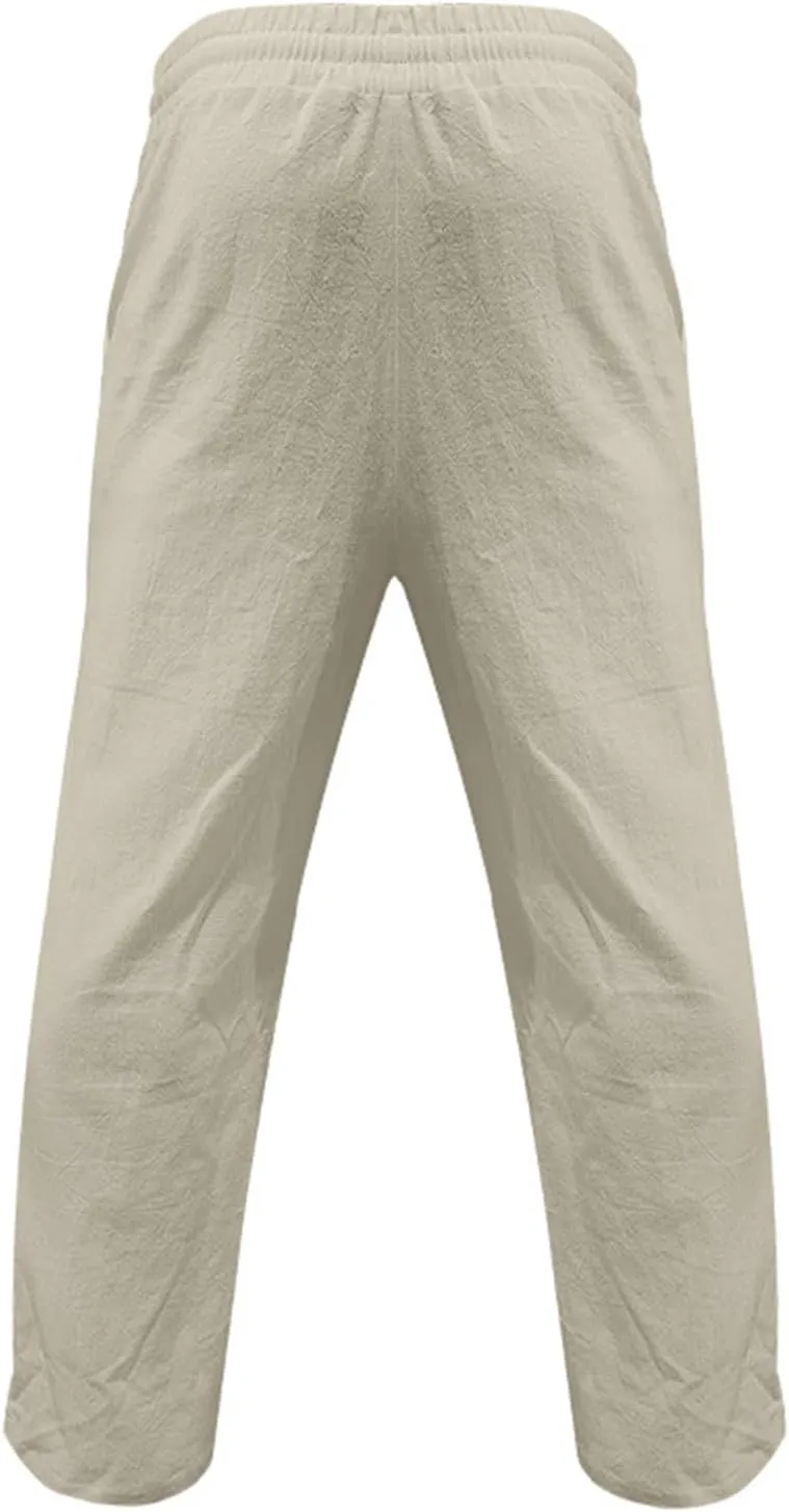 evzosrz Mens Cotton Linen Pants Casual Straight Trendy Print Baggy Sweatpants Loose Fit High Waist Summer Beach Jogger Slacks