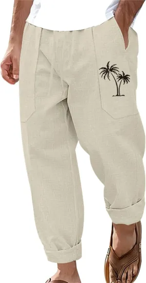 evzosrz Mens Cotton Linen Pants Casual Straight Trendy Print Baggy Sweatpants Loose Fit High Waist Summer Beach Jogger Slacks