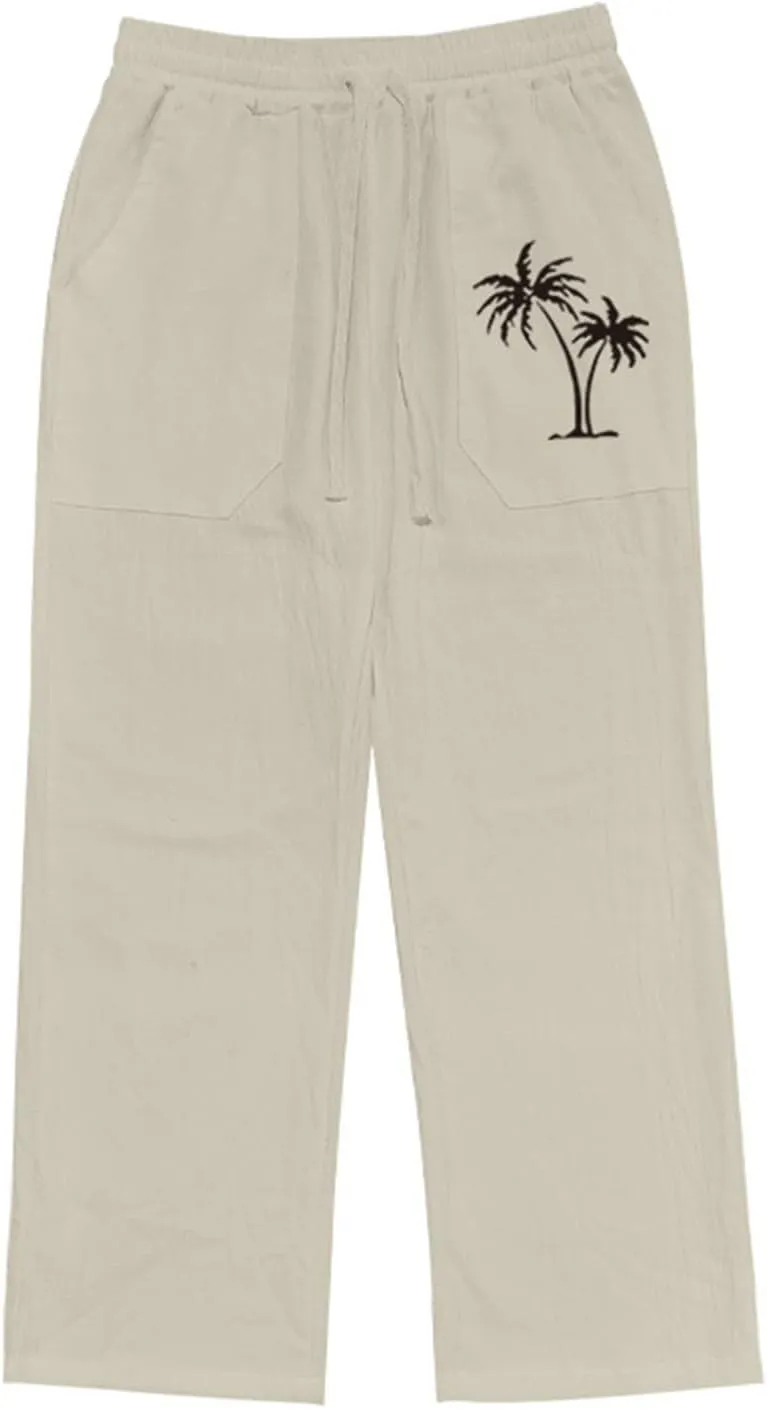 evzosrz Mens Cotton Linen Pants Casual Straight Trendy Print Baggy Sweatpants Loose Fit High Waist Summer Beach Jogger Slacks