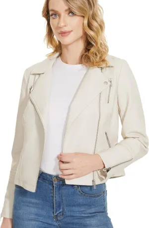 Fahsyee Women's White Leather Jackets, Faux Motorcycle Bomber Moto Biker Plus Size Coat Short Lightweight Vegan Pleather Fashion S