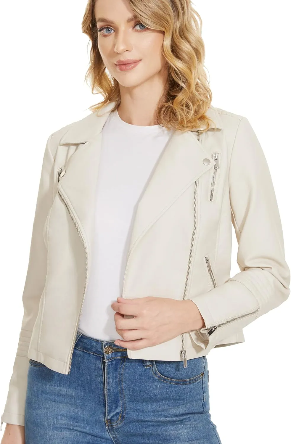 Fahsyee Women's White Leather Jackets, Faux Motorcycle Bomber Moto Biker Plus Size Coat Short Lightweight Vegan Pleather Fashion S