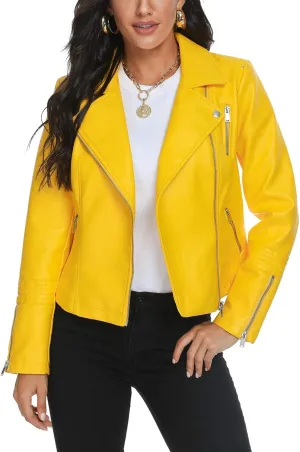 Fahsyee Women's Yellow Leather Jackets, Faux Motorcycle Bomber Moto Biker Plus Size Coat Short Lightweight Vegan Pleather Fashion S