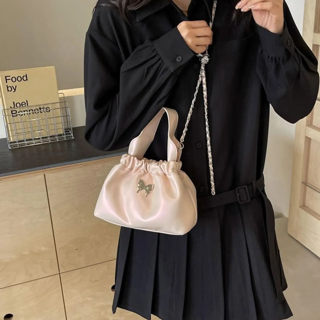 Fashionable Chain Drawstring Crossbody Bucket Bag, PU Material,7.9x3.5x5.5 Inches, Versatile for Work Beach Travel