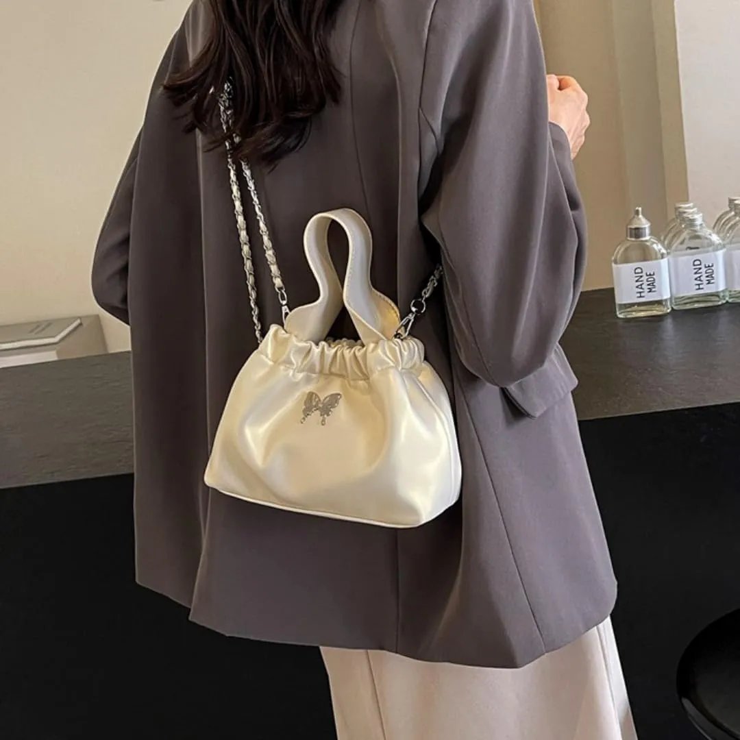 Fashionable Chain Drawstring Crossbody Bucket Bag, PU Material,7.9x3.5x5.5 Inches, Versatile for Work Beach Travel