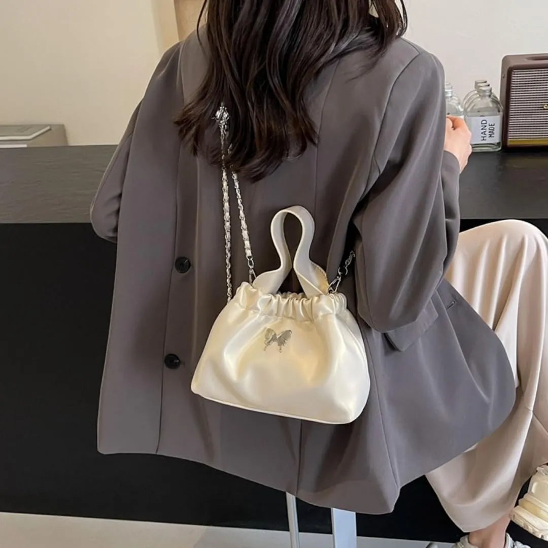 Fashionable Chain Drawstring Crossbody Bucket Bag, PU Material,7.9x3.5x5.5 Inches, Versatile for Work Beach Travel