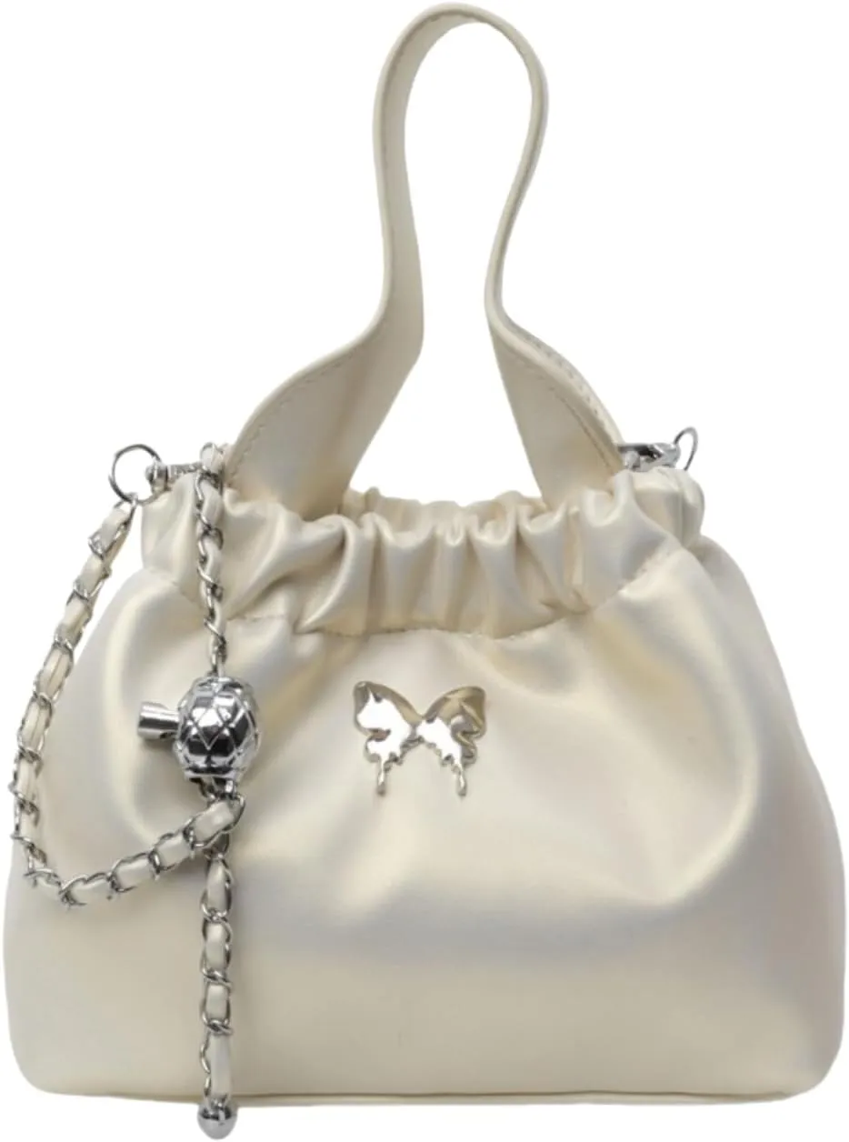 Fashionable Chain Drawstring Crossbody Bucket Bag, PU Material,7.9x3.5x5.5 Inches, Versatile for Work Beach Travel