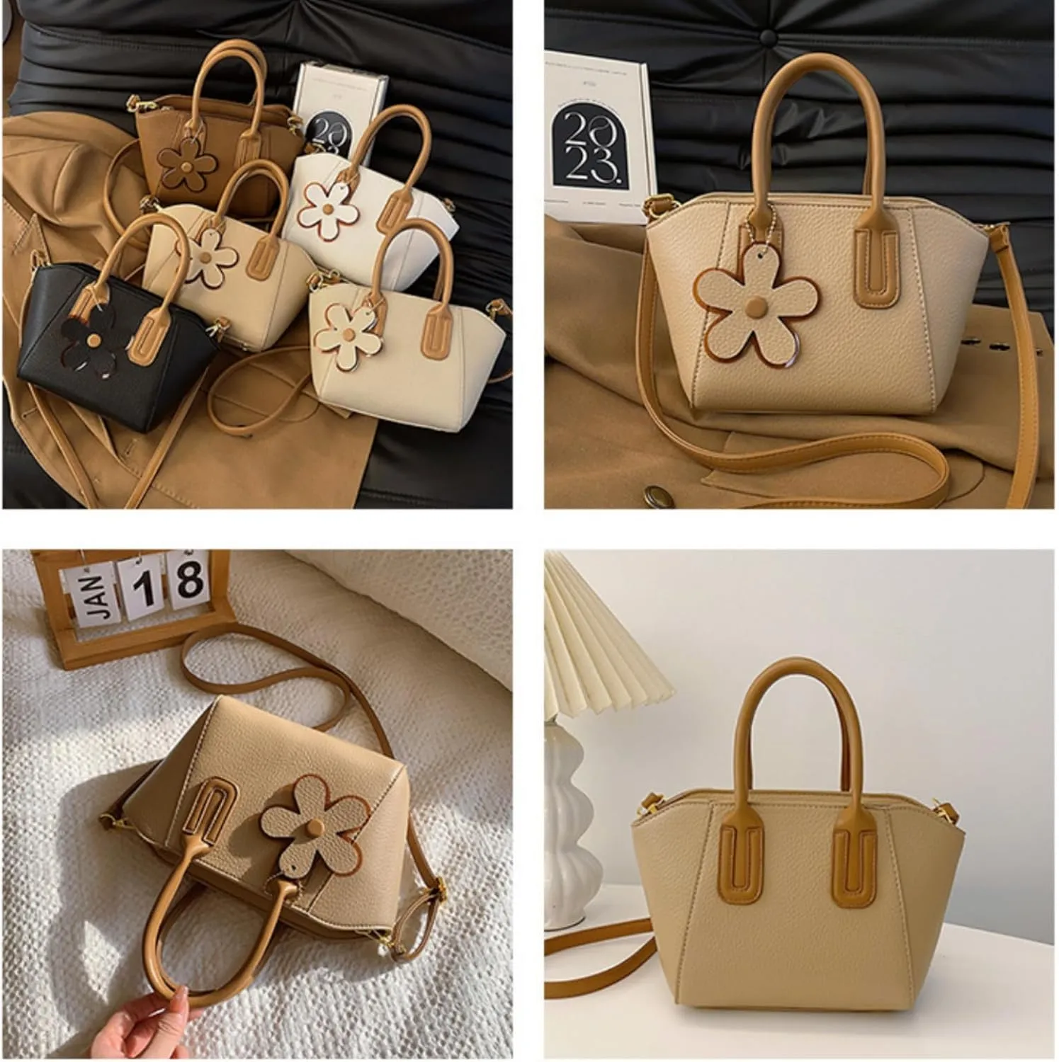 Fashionable Women's Bucket Bag - Versatile Handbag with Adjustable Strap & Flower Charm,Zippered Closure