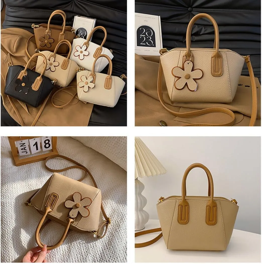 Fashionable Women's Bucket Bag - Versatile Handbag with Adjustable Strap & Flower Charm,Zippered Closure