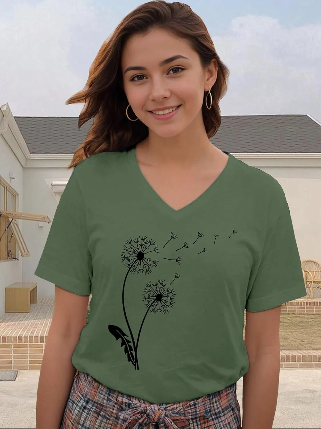 Flower Kindly Shirt for Women Funny Wildflower Plant T-Shirt Bohemian Summer Vacation V Neck Tops