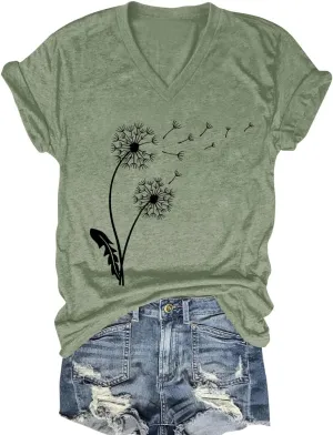 Flower Kindly Shirt for Women Funny Wildflower Plant T-Shirt Bohemian Summer Vacation V Neck Tops