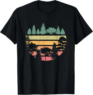 Forest Trees Retro Sunset Vintage Graphic Hiking Camping T-Shirt