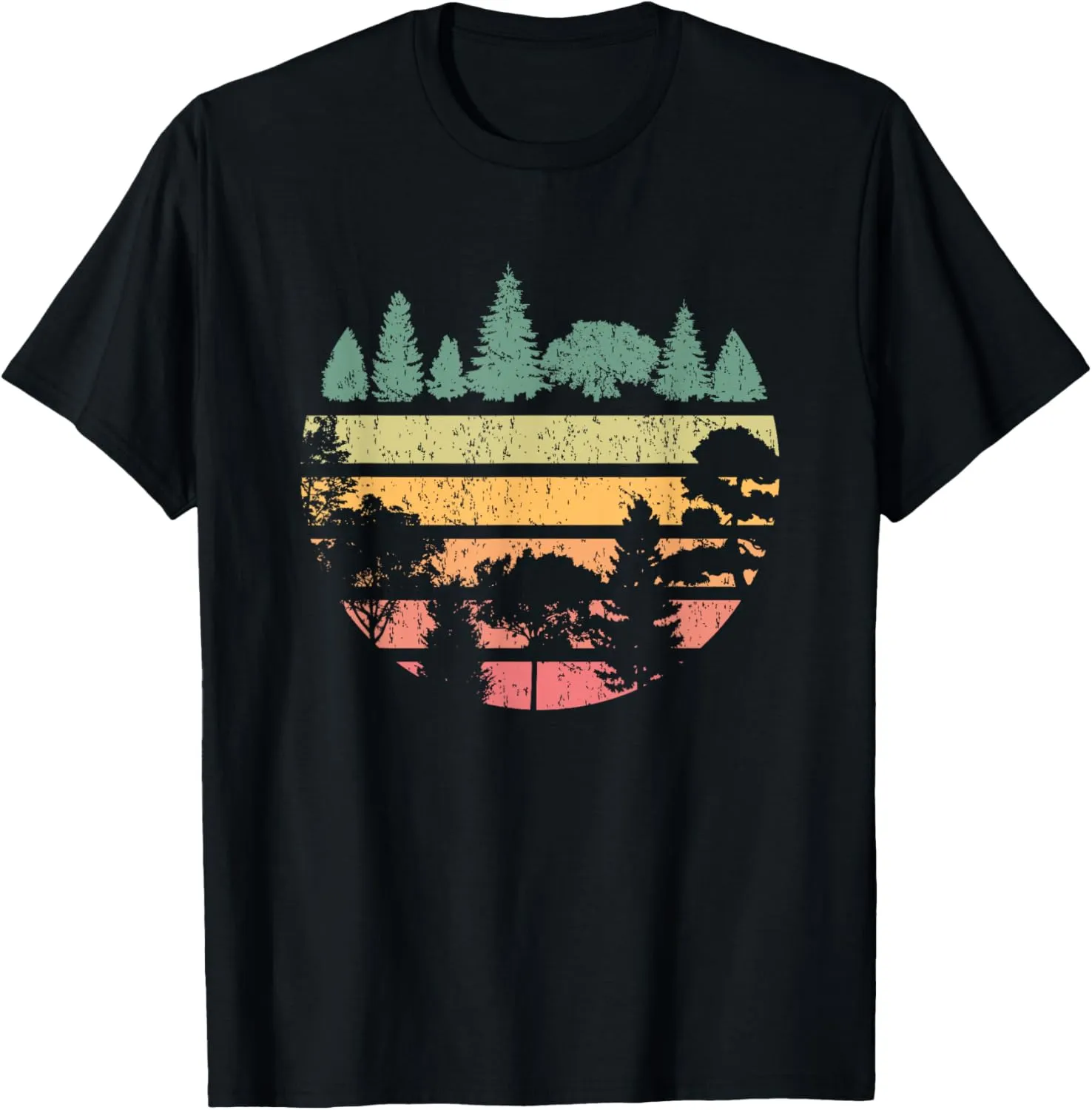 Forest Trees Retro Sunset Vintage Graphic Hiking Camping T-Shirt