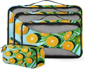 Fresh Oranges Blue Background 4 Piece Packing Travel Organizer Cubes Set Mesh Fabric Ventilate Design Lightweight Travel Accessories 4 Sizes (Extra Large, Large, Medium, Small)