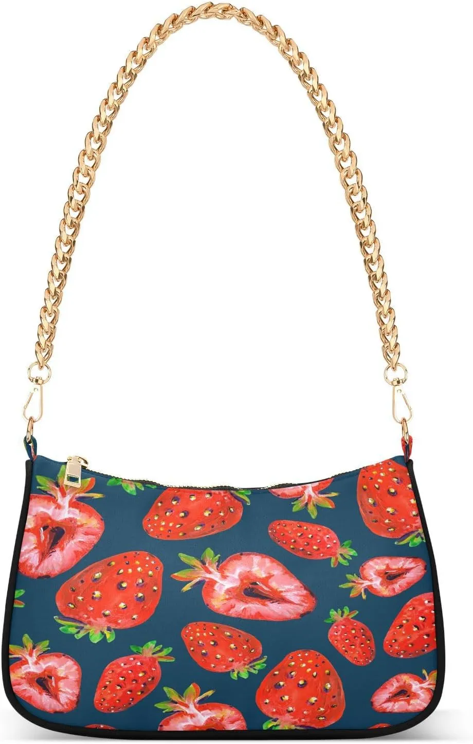 Fresh Strawberry Shoulder Handbags for Women Travel Hobo Tote Handbag Women Gold Chain Shoulder Bags Purse with Zipper Closure