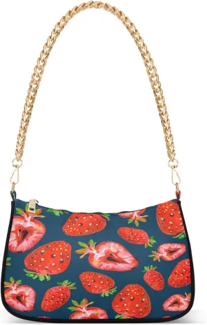 Fresh Strawberry Shoulder Handbags for Women Travel Hobo Tote Handbag Women Gold Chain Shoulder Bags Purse with Zipper Closure