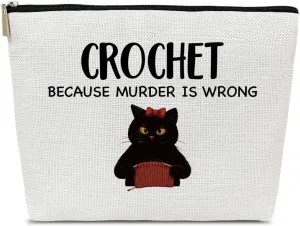 Funny Black Cat Crocheter Makeup Bag, Knitting Crochet Gifts for Lovers Knitters, Cat Themed Gifts Cosmetic Bag for Purse