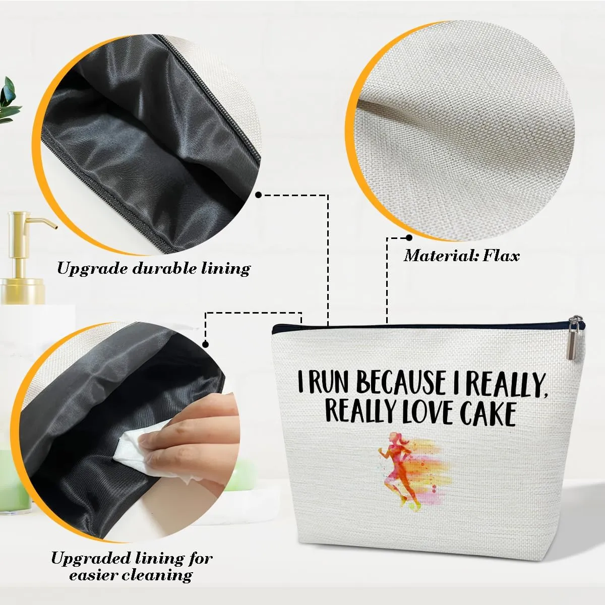 Funny Running Gifts Makeup Bag, Gifts for Women Marathon Lovers, Sports Accessories and Stuff, I Run Because I Really Love Cake Cosmetic Bags for Purse