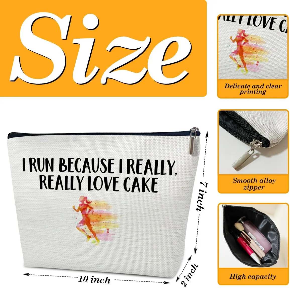 Funny Running Gifts Makeup Bag, Gifts for Women Marathon Lovers, Sports Accessories and Stuff, I Run Because I Really Love Cake Cosmetic Bags for Purse