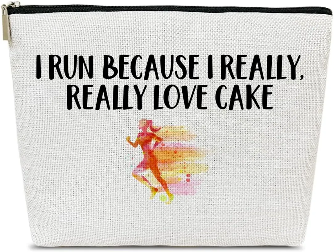 Funny Running Gifts Makeup Bag, Gifts for Women Marathon Lovers, Sports Accessories and Stuff, I Run Because I Really Love Cake Cosmetic Bags for Purse