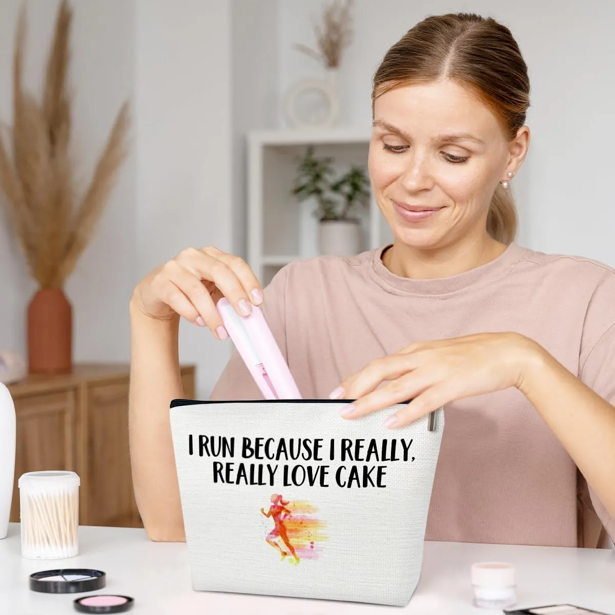 Funny Running Gifts Makeup Bag, Gifts for Women Marathon Lovers, Sports Accessories and Stuff, I Run Because I Really Love Cake Cosmetic Bags for Purse