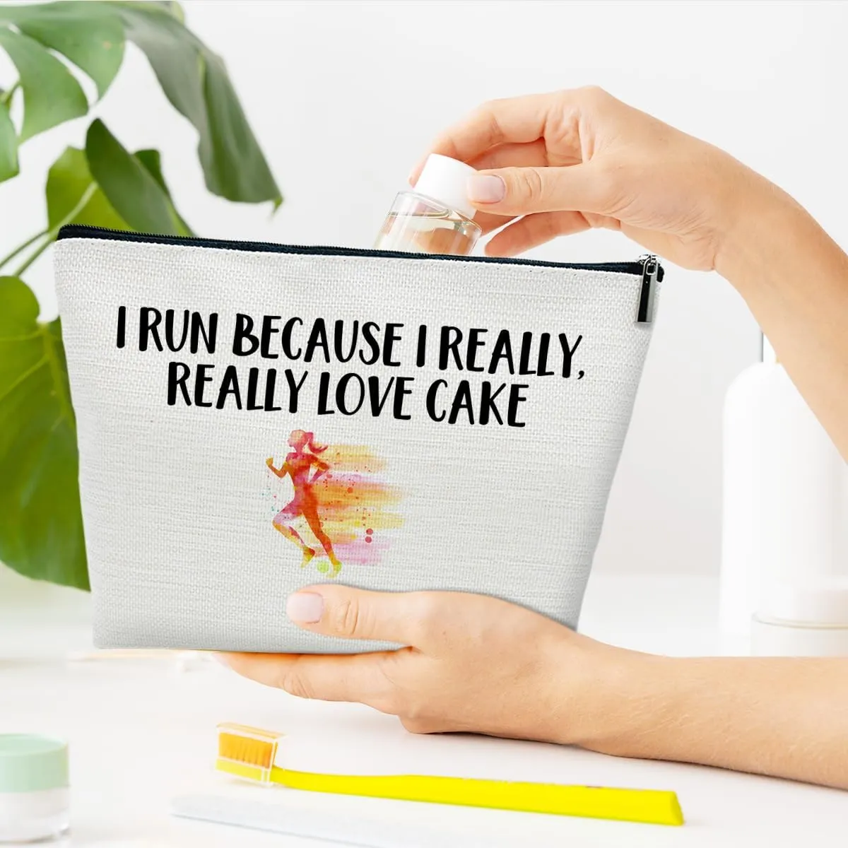 Funny Running Gifts Makeup Bag, Gifts for Women Marathon Lovers, Sports Accessories and Stuff, I Run Because I Really Love Cake Cosmetic Bags for Purse