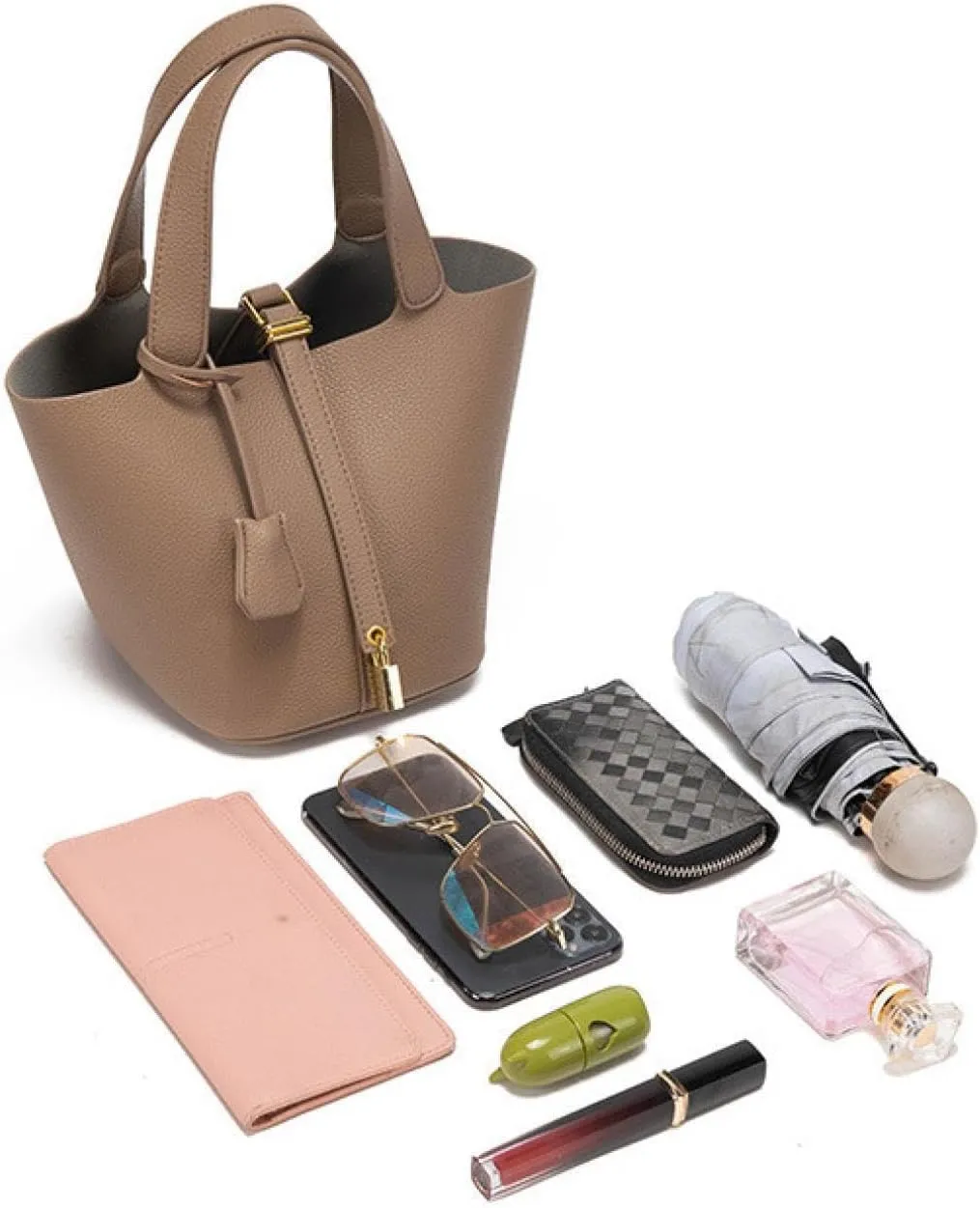 Genuine leather bucket bag, solid color handbag, high-end exquisite versatile handbag